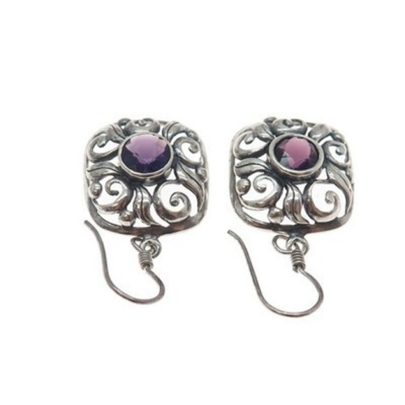 925 Sterling Silver Vintage Real Amethyst Floral Oxidized Dangle Earrings - Picture 6 of 7